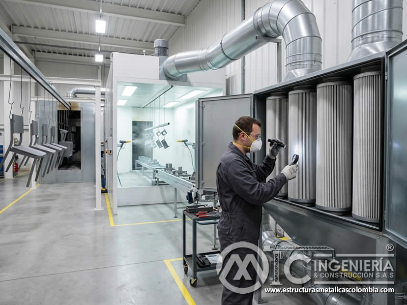 Filtro de cabina de pintura en polvo en línea de producción para control de partículas y aire limpio en Bogotá, Colombia. Montajes, Ingeniería y Construcción. MIC SAS. Filtro de cabina de pintura en polvo en línea de producción para control de partículas y aire limpio en Bogotá, Colombia. Montajes, Ingeniería y Construcción. MIC SAS.