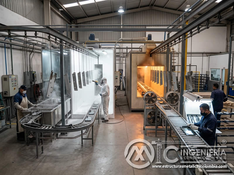 Flujo de producción de pintura en polvo con preparación, aplicación, curado e inspección final de piezas metálicas en Bogotá, Colombia. Montajes, Ingeniería y Construcción. MIC SAS. Flujo de producción de pintura en polvo con preparación, aplicación, curado e inspección final de piezas metálicas en Bogotá, Colombia. Montajes, Ingeniería y Construcción. MIC SAS.