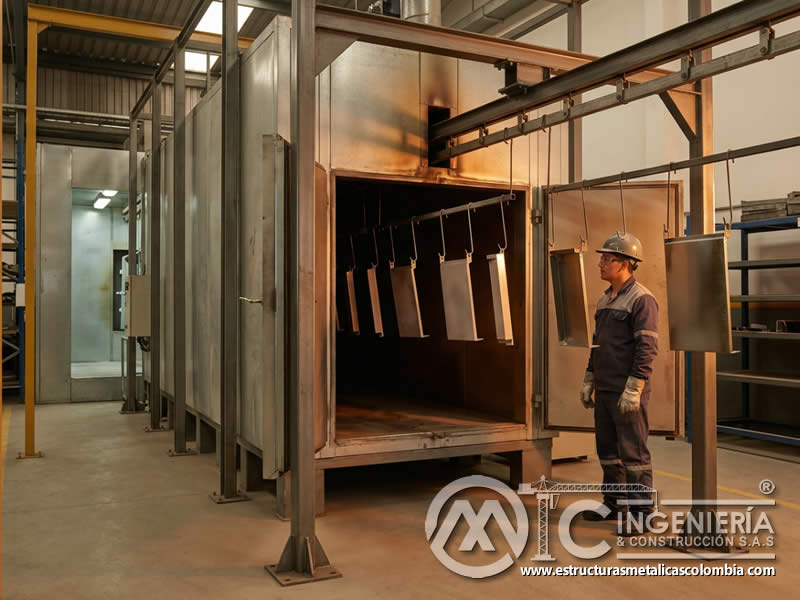 Horno de curado en línea de producción de pintura en polvo para piezas metálicas con película resistente en Bogotá, Colombia. Montajes, Ingeniería y Construcción. MIC SAS. Horno de curado en línea de producción de pintura en polvo para piezas metálicas con película resistente en Bogotá, Colombia. Montajes, Ingeniería y Construcción. MIC SAS.