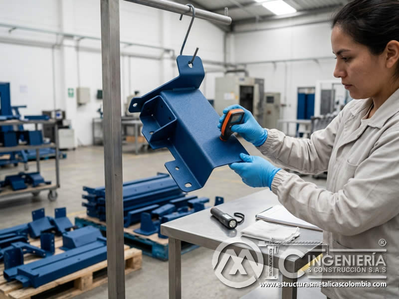 Inspección final de pintura en polvo en piezas metálicas de línea de producción para verificar cobertura y defectos en Bogotá, Colombia. Montajes, Ingeniería y Construcción. MIC SAS. Inspección final de pintura en polvo en piezas metálicas de línea de producción para verificar cobertura y defectos en Bogotá, Colombia. Montajes, Ingeniería y Construcción. MIC SAS.