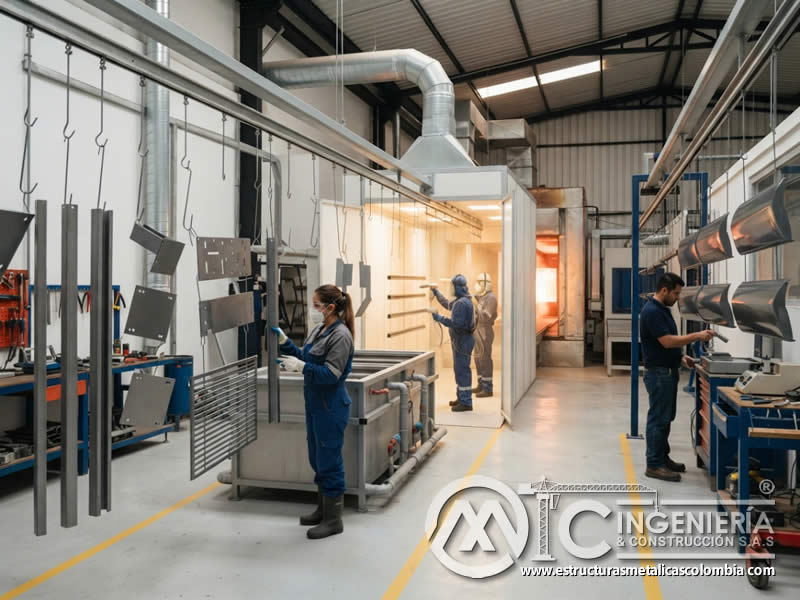 Línea de producción de pintura en polvo con preparación, aplicación, curado e inspección de piezas metálicas en Bogotá, Colombia. Montajes, Ingeniería y Construcción. MIC SAS. Línea de producción de pintura en polvo con preparación, aplicación, curado e inspección de piezas metálicas en Bogotá, Colombia. Montajes, Ingeniería y Construcción. MIC SAS.