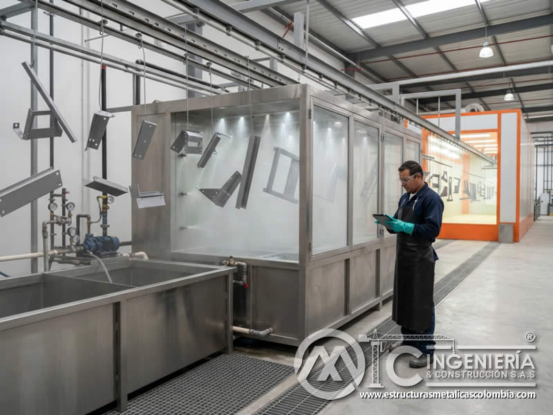 Pretratamiento en línea de producción de piezas metálicas antes de pintura en polvo para mejorar adherencia en Bogotá, Colombia. Montajes, Ingeniería y Construcción. MIC SAS. Pretratamiento en línea de producción de piezas metálicas antes de pintura en polvo para mejorar adherencia en Bogotá, Colombia. Montajes, Ingeniería y Construcción. MIC SAS.