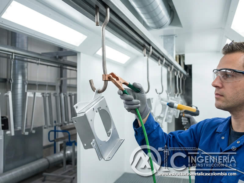 Puesta a tierra de piezas metálicas durante aplicación electrostática de pintura en polvo para cobertura uniforme en Bogotá, Colombia. Montajes, Ingeniería y Construcción. MIC SAS. Puesta a tierra de piezas metálicas durante aplicación electrostática de pintura en polvo para cobertura uniforme en Bogotá, Colombia. Montajes, Ingeniería y Construcción. MIC SAS.