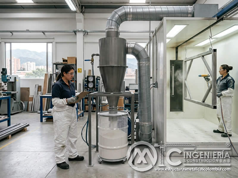 Sistema ciclón de recuperación de polvo con sandblasting en Bogotá, Colombia. Montajes, Ingeniería y Construcción. MIC SAS.