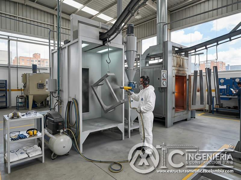 Equipo básico de pintura en polvo para piezas con sandblasting en Bogotá, Colombia. Montajes, Ingeniería y Construcción. MIC SAS.