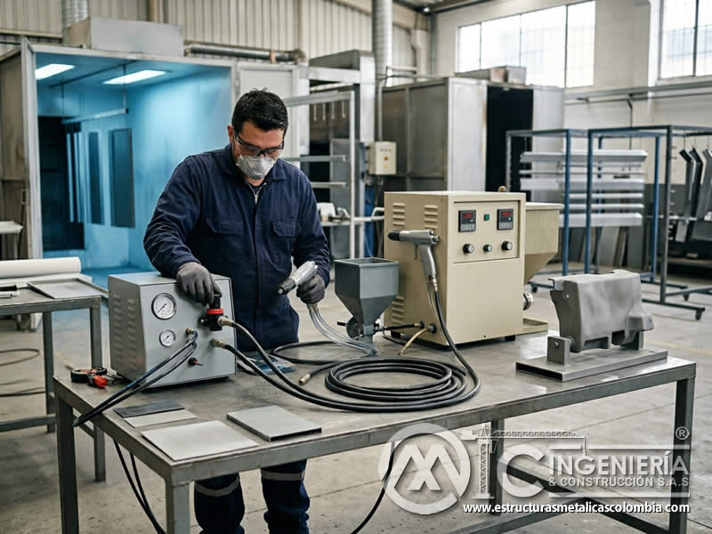 Equipo HVLP para pintura en polvo con sandblasting en Bogotá, Colombia. Montajes, Ingeniería y Construcción. MIC SAS.