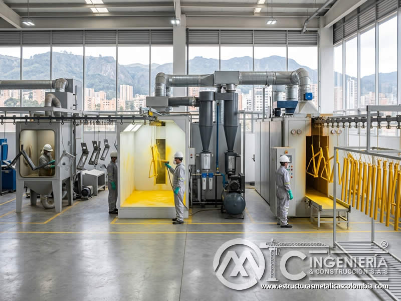 Línea completa de pintura en polvo con sandblasting en Bogotá, Colombia. Montajes, Ingeniería y Construcción. MIC SAS.
