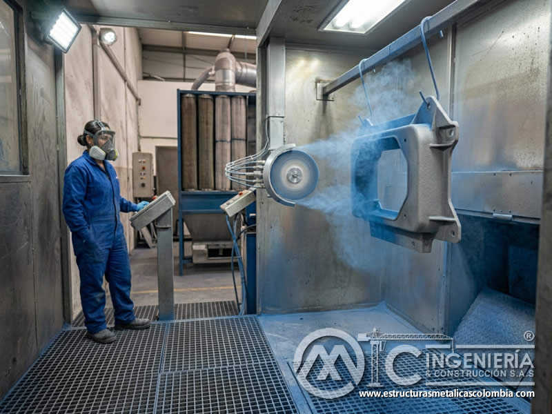 Pistola de disco para pintura en polvo con sandblasting en Bogotá, Colombia. Montajes, Ingeniería y Construcción. MIC SAS.