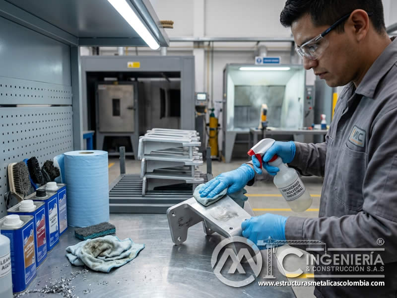 Eliminación de aceites y grasas residuales antes de pintura en polvo en Bogotá, Colombia. Montajes, Ingeniería y Construcción. MIC SAS. Eliminación de aceites y grasas residuales antes de pintura en polvo en Bogotá, Colombia. Montajes, Ingeniería y Construcción. MIC SAS.