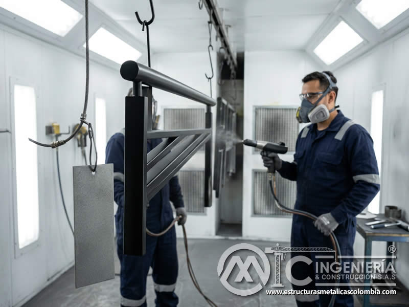 Acabado liso de pintura en polvo con pistola electrostática sobre metal final en Bogotá, Colombia. Montajes, Ingeniería y Construcción. MIC SAS.