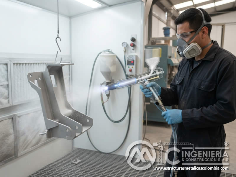Carga de partículas de pintura en polvo dentro de pistola electrostática para metal industrial en Bogotá, Colombia. Montajes, Ingeniería y Construcción. MIC SAS.