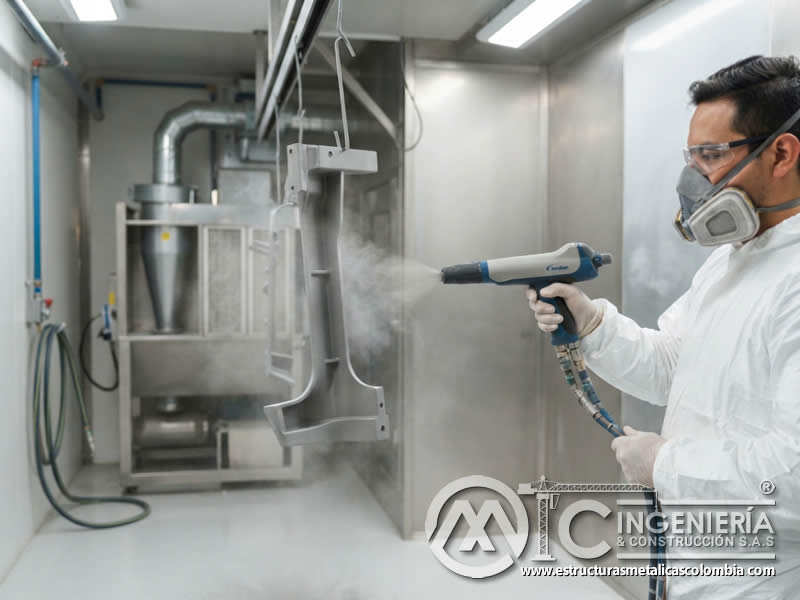 Eficiencia de transferencia de pintura en polvo con pistola electrostática sobre metal en Bogotá, Colombia. Montajes, Ingeniería y Construcción. MIC SAS.