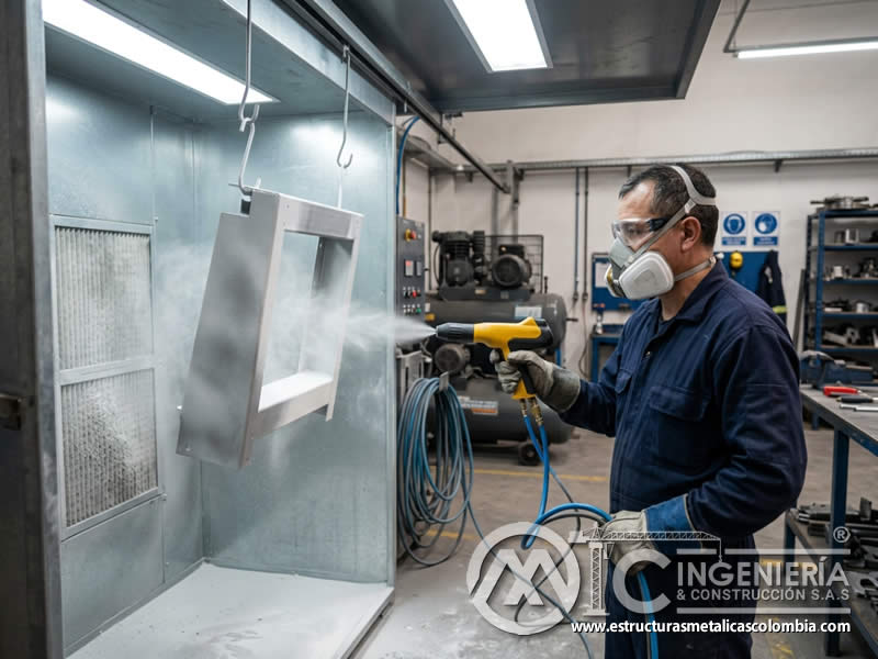 Función de pistola electrostática para aplicar pintura en polvo sobre metal industrial en Bogotá, Colombia. Montajes, Ingeniería y Construcción. MIC SAS.