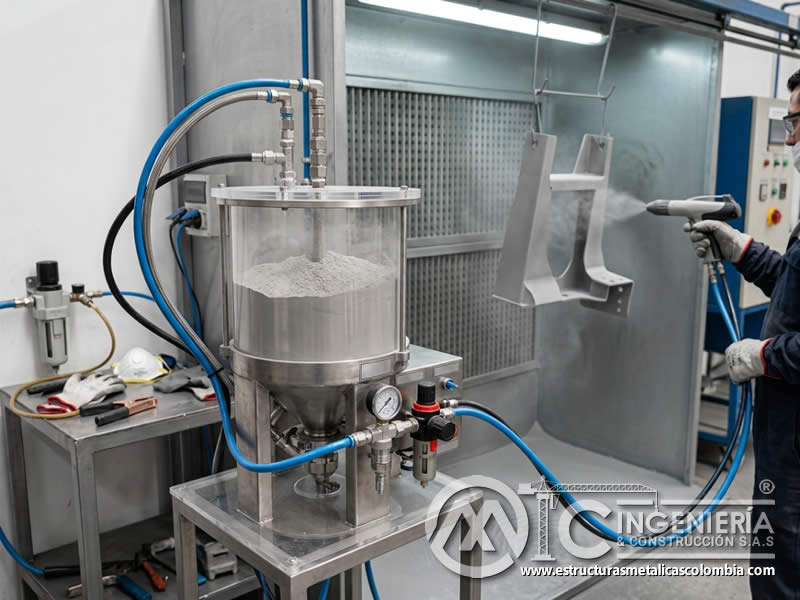 Recipiente de pintura en polvo para alimentar pistola electrostática en recubrimiento metálico en Bogotá, Colombia. Montajes, Ingeniería y Construcción. MIC SAS.