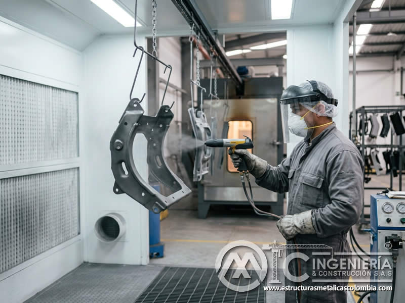 Adherencia de pintura en polvo sobre pieza metálica pretratada para un acabado firme, uniforme y resistente al uso industrial en Bogotá, Colombia. Montajes, Ingeniería y Construcción. MIC SAS. Adherencia de pintura en polvo sobre pieza metálica pretratada para un acabado firme, uniforme y resistente al uso industrial en Bogotá, Colombia. Montajes, Ingeniería y Construcción. MIC SAS.