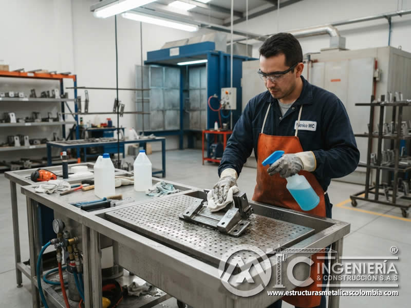 Desengrase de piezas metálicas antes de aplicar pintura en polvo para eliminar aceites y lograr mayor adherencia del recubrimiento en Bogotá, Colombia. Montajes, Ingeniería y Construcción. MIC SAS. Desengrase de piezas metálicas antes de aplicar pintura en polvo para eliminar aceites y lograr mayor adherencia del recubrimiento en Bogotá, Colombia. Montajes, Ingeniería y Construcción. MIC SAS.