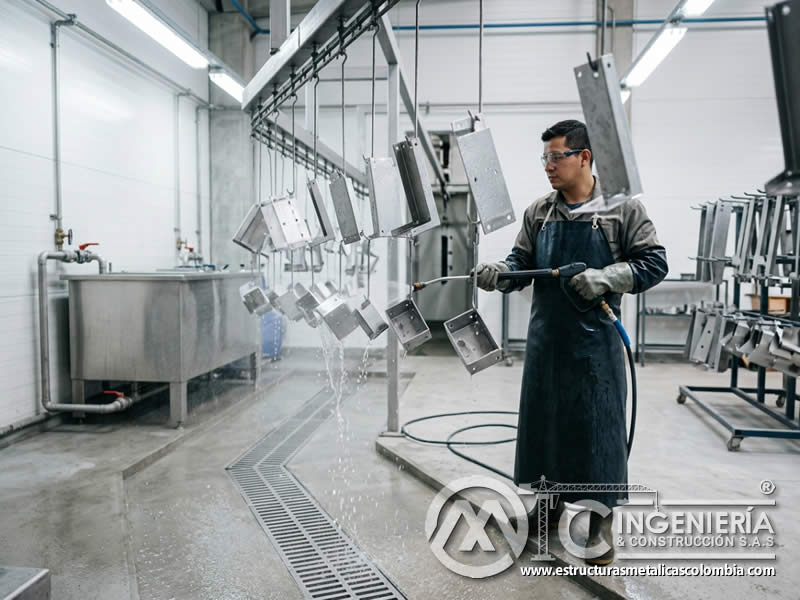 Enjuague de piezas metálicas durante el pretratamiento para pintura en polvo, retirando residuos químicos antes del secado en Bogotá, Colombia. Montajes, Ingeniería y Construcción. MIC SAS. Enjuague de piezas metálicas durante el pretratamiento para pintura en polvo, retirando residuos químicos antes del secado en Bogotá, Colombia. Montajes, Ingeniería y Construcción. MIC SAS.