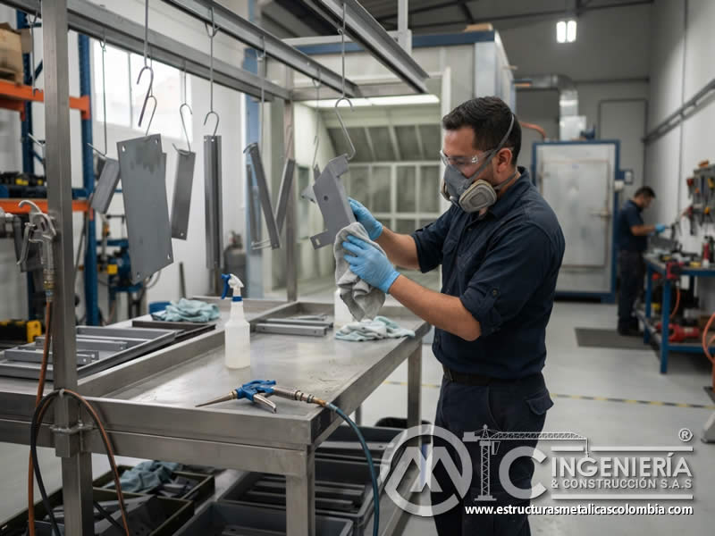 Limpieza inicial de piezas metálicas antes del recubrimiento con pintura en polvo para retirar suciedad, polvo y residuos de fabricación en Bogotá, Colombia. Montajes, Ingeniería y Construcción. MIC SAS. Limpieza inicial de piezas metálicas antes del recubrimiento con pintura en polvo para retirar suciedad, polvo y residuos de fabricación en Bogotá, Colombia. Montajes, Ingeniería y Construcción. MIC SAS.