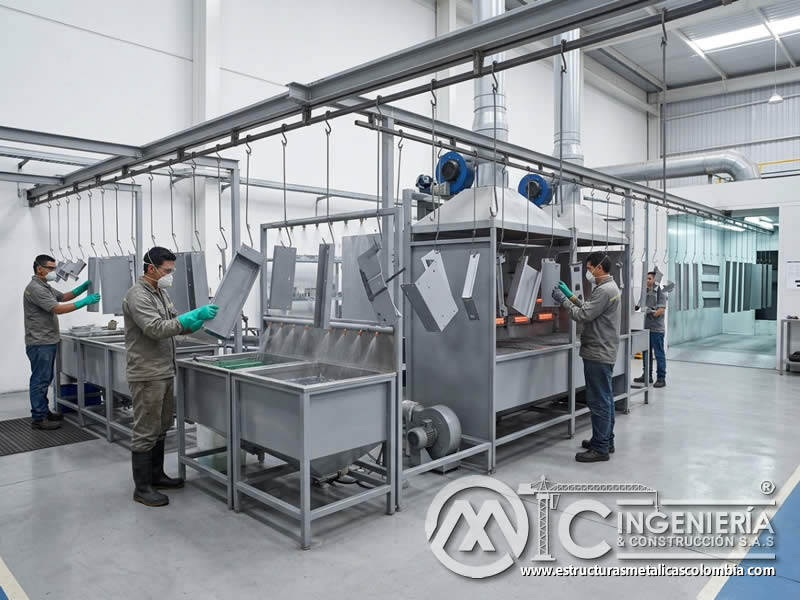 Línea de pretratamiento de piezas metálicas para pintura en polvo con limpieza, enjuague, secado y control antes de aplicación en Bogotá, Colombia. Montajes, Ingeniería y Construcción. MIC SAS. Línea de pretratamiento de piezas metálicas para pintura en polvo con limpieza, enjuague, secado y control antes de aplicación en Bogotá, Colombia. Montajes, Ingeniería y Construcción. MIC SAS.