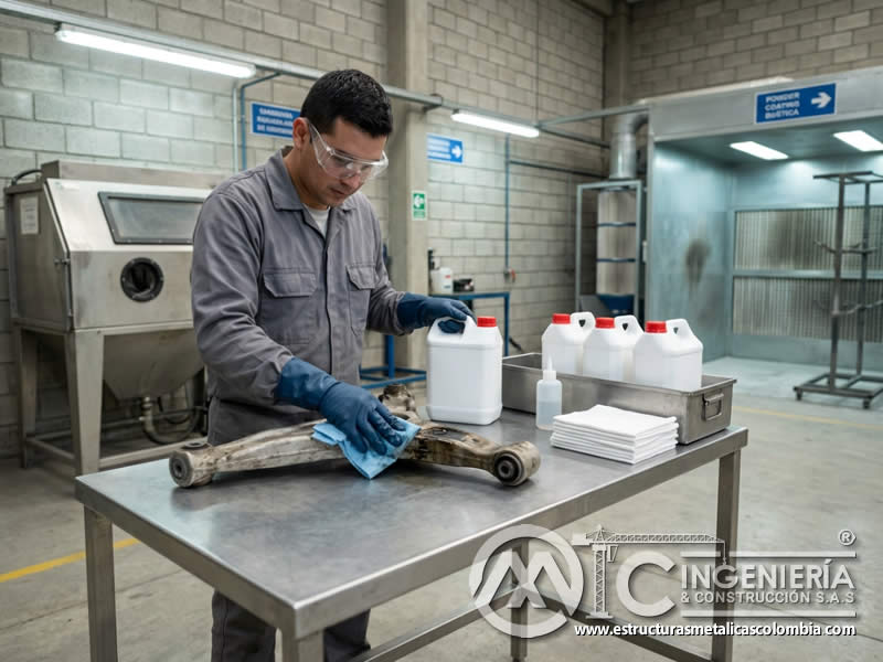 Aplicación de pintura en polvo sobre pieza con sandblasting en Bogotá, Colombia. Montajes, Ingeniería y Construcción. MIC SAS.