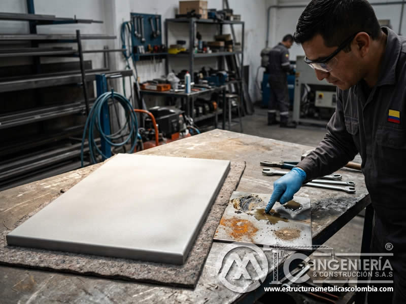 Desbaste y sandblasting para aplicar pintura en polvo en Bogotá, Colombia. Montajes, Ingeniería y Construcción. MIC SAS.