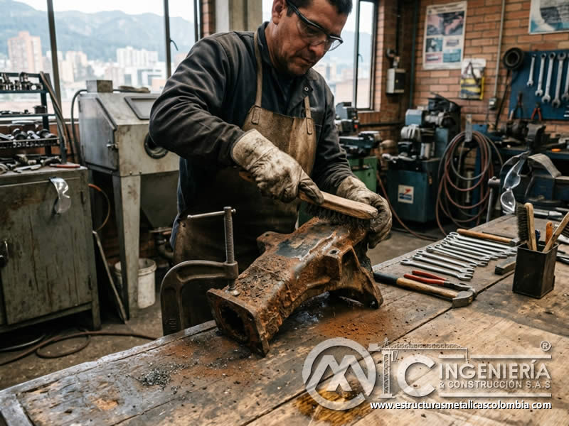 Inspección de pieza pintada en polvo tras sandblasting en Bogotá, Colombia. Montajes, Ingeniería y Construcción. MIC SAS.