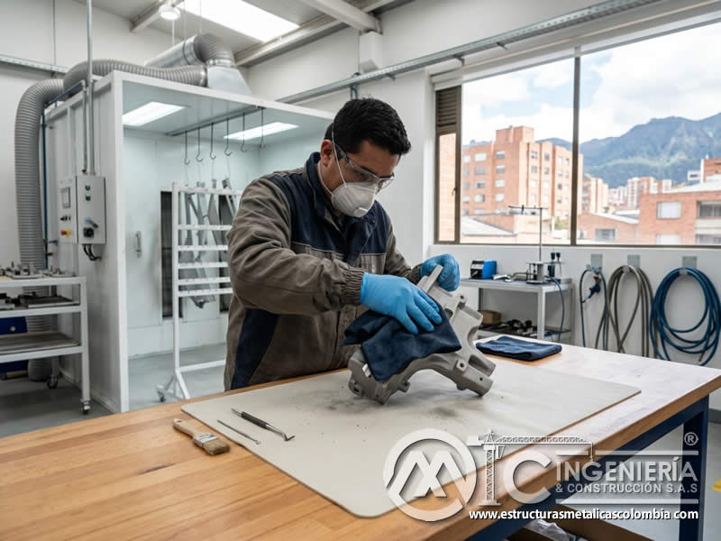 Limpieza de pieza con sandblasting antes de pintura en polvo en Bogotá, Colombia. Montajes, Ingeniería y Construcción. MIC SAS.