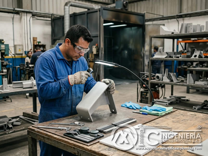 Preparación de pieza con sandblasting antes de pintura en polvo en Bogotá, Colombia. Montajes, Ingeniería y Construcción. MIC SAS.