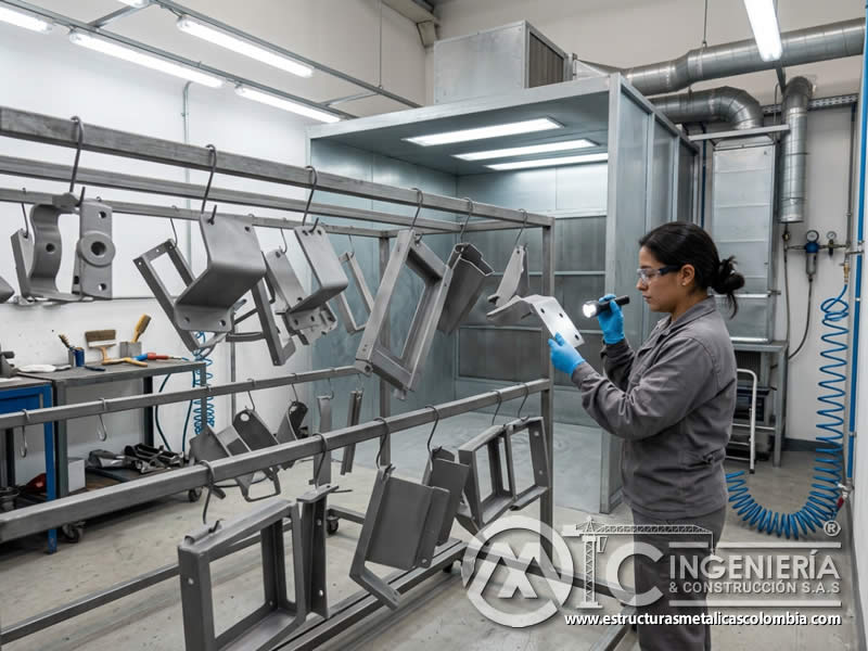Pretratamiento posterior a sandblasting para pintura en polvo en Bogotá, Colombia. Montajes, Ingeniería y Construcción. MIC SAS.