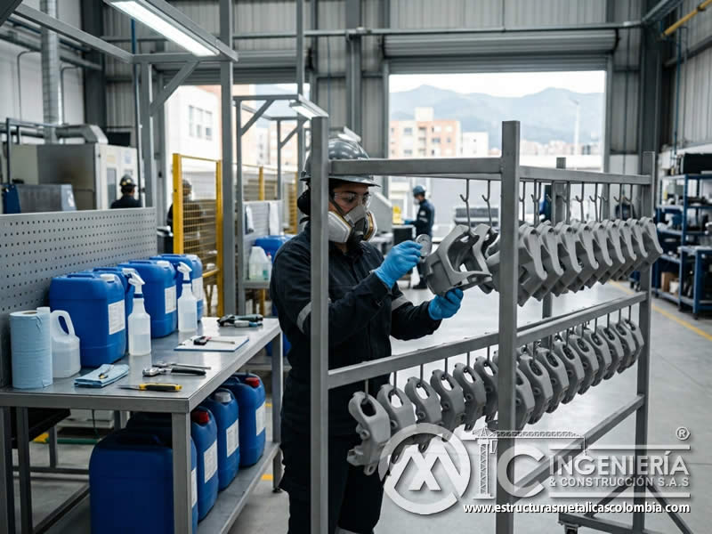 Secado de pieza preparada con sandblasting para pintura en polvo en Bogotá, Colombia. Montajes, Ingeniería y Construcción. MIC SAS.