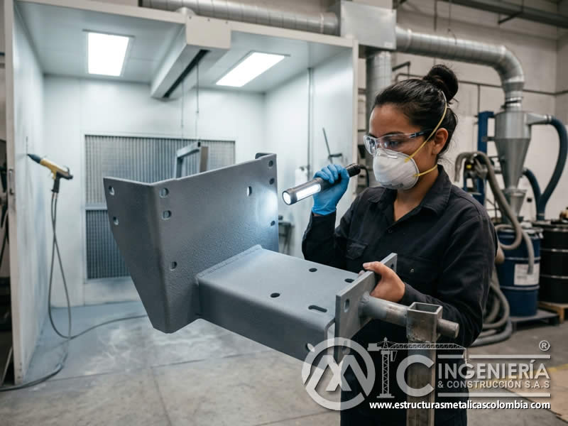 Adhesión de pintura en polvo sobre pieza con sandblasting en Bogotá, Colombia. Montajes, Ingeniería y Construcción. MIC SAS. Adhesión de pintura en polvo sobre pieza con sandblasting en Bogotá, Colombia. Montajes, Ingeniería y Construcción. MIC SAS.
