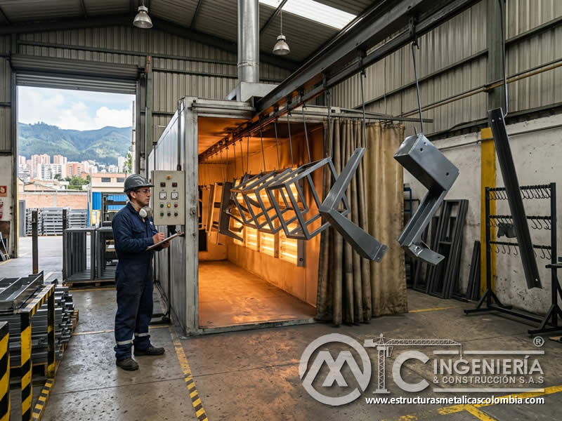 Curado de pintura en polvo sobre superficie con sandblasting en Bogotá, Colombia. Montajes, Ingeniería y Construcción. MIC SAS. Curado de pintura en polvo sobre superficie con sandblasting en Bogotá, Colombia. Montajes, Ingeniería y Construcción. MIC SAS.