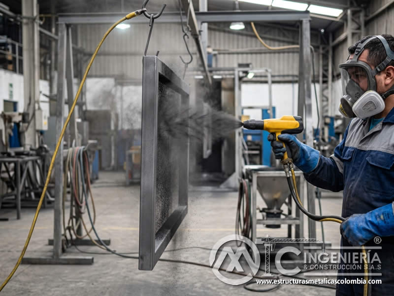 Partículas de pintura en polvo sobre superficie con sandblasting en Bogotá, Colombia. Montajes, Ingeniería y Construcción. MIC SAS. Partículas de pintura en polvo sobre superficie con sandblasting en Bogotá, Colombia. Montajes, Ingeniería y Construcción. MIC SAS.