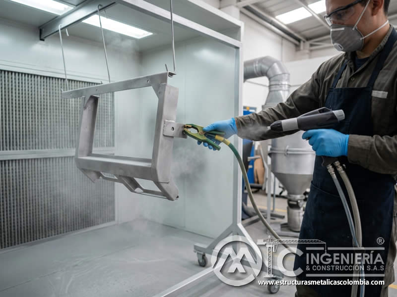 Pieza conectada a tierra para pintura en polvo con sandblasting en Bogotá, Colombia. Montajes, Ingeniería y Construcción. MIC SAS. Pieza conectada a tierra para pintura en polvo con sandblasting en Bogotá, Colombia. Montajes, Ingeniería y Construcción. MIC SAS.