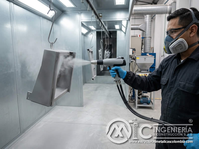 Pistola de pintura en polvo sobre superficie con sandblasting en Bogotá, Colombia. Montajes, Ingeniería y Construcción. MIC SAS. Pistola de pintura en polvo sobre superficie con sandblasting en Bogotá, Colombia. Montajes, Ingeniería y Construcción. MIC SAS.