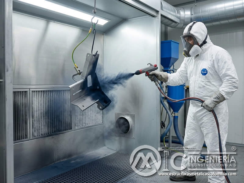 Pulverización de pintura en polvo sobre metal con sandblasting en Bogotá, Colombia. Montajes, Ingeniería y Construcción. MIC SAS. Pulverización de pintura en polvo sobre metal con sandblasting en Bogotá, Colombia. Montajes, Ingeniería y Construcción. MIC SAS.