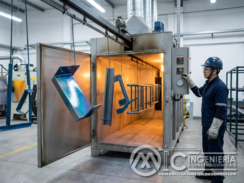 Curado de pintura en polvo en horno industrial para formar película resistente sobre metal en Bogotá, Colombia. Montajes, Ingeniería y Construcción. MIC SAS. Curado de pintura en polvo en horno industrial para formar película resistente sobre metal en Bogotá, Colombia. Montajes, Ingeniería y Construcción. MIC SAS.