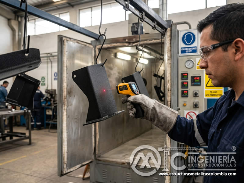 Termómetro de superficie para control de curado de pintura en polvo en pieza metálica en Bogotá, Colombia. Montajes, Ingeniería y Construcción. MIC SAS. Termómetro de superficie para control de curado de pintura en polvo en pieza metálica en Bogotá, Colombia. Montajes, Ingeniería y Construcción. MIC SAS.