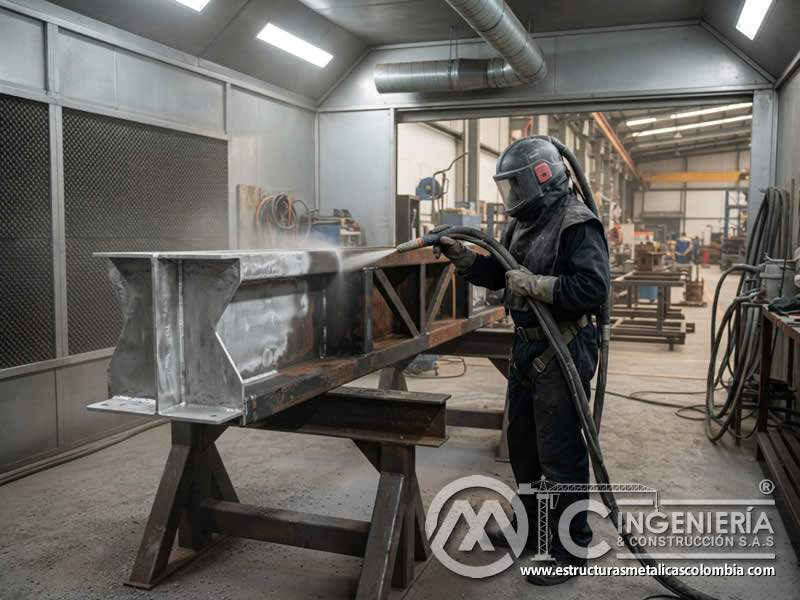 Arenado de superficie metálica como pretratamiento para pintura en polvo con textura de anclaje y limpieza profunda en Bogotá, Colombia. Montajes, Ingeniería y Construcción. MIC SAS. Arenado de superficie metálica como pretratamiento para pintura en polvo con textura de anclaje y limpieza profunda en Bogotá, Colombia. Montajes, Ingeniería y Construcción. MIC SAS.