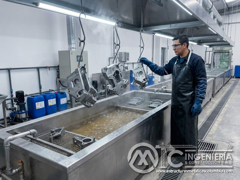 Desengrase alcalino de piezas metálicas en pretratamiento para pintura en polvo con eliminación de aceites y grasas en Bogotá, Colombia. Montajes, Ingeniería y Construcción. MIC SAS. Desengrase alcalino de piezas metálicas en pretratamiento para pintura en polvo con eliminación de aceites y grasas en Bogotá, Colombia. Montajes, Ingeniería y Construcción. MIC SAS.