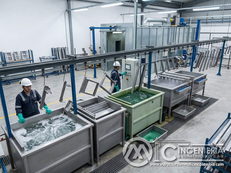 Línea química de pretratamiento de piezas metálicas para pintura en polvo con limpieza, conversión y enjuague en Bogotá, Colombia. Montajes, Ingeniería y Construcción. MIC SAS. Línea química de pretratamiento de piezas metálicas para pintura en polvo con limpieza, conversión y enjuague en Bogotá, Colombia. Montajes, Ingeniería y Construcción. MIC SAS.