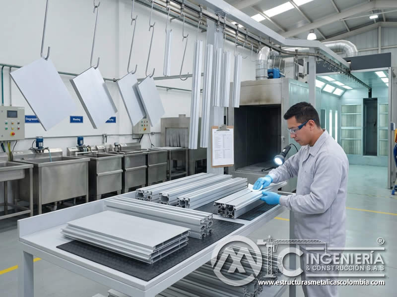 Tratamiento de aluminio antes de pintura en polvo con preparación compatible para adherencia y acabado uniforme en Bogotá, Colombia. Montajes, Ingeniería y Construcción. MIC SAS. Tratamiento de aluminio antes de pintura en polvo con preparación compatible para adherencia y acabado uniforme en Bogotá, Colombia. Montajes, Ingeniería y Construcción. MIC SAS.