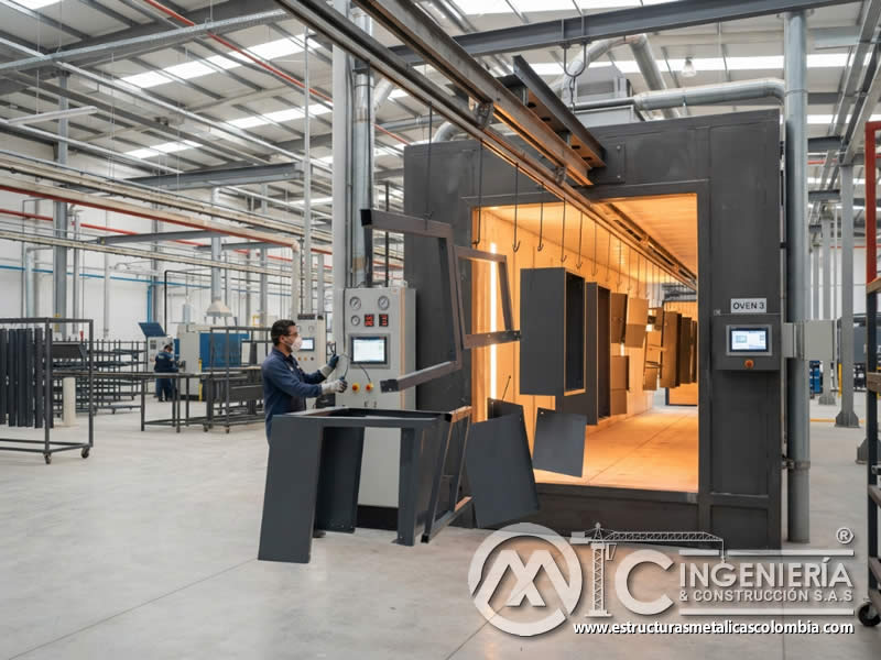 Curado en horno para crear pelicula resistente en metálico pintura en polvo en Bogotá, Colombia. Montajes, Ingeniería y Construcción. MIC SAS. Curado en horno para crear pelicula resistente en metálico pintura en polvo en Bogotá, Colombia. Montajes, Ingeniería y Construcción. MIC SAS.