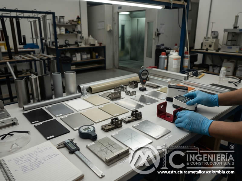 Muestras de pintura en polvo de poliuretano para analisis industrial metálico en Bogotá, Colombia. Montajes, Ingeniería y Construcción. MIC SAS.