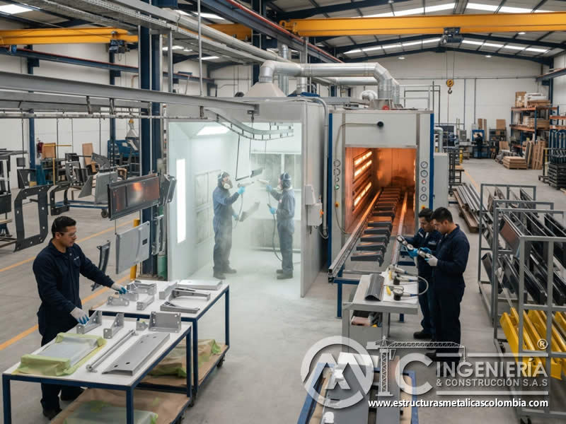 Servicio profesional de pintura en polvo de poliuretano para industria metálico en Bogotá, Colombia. Montajes, Ingeniería y Construcción. MIC SAS.