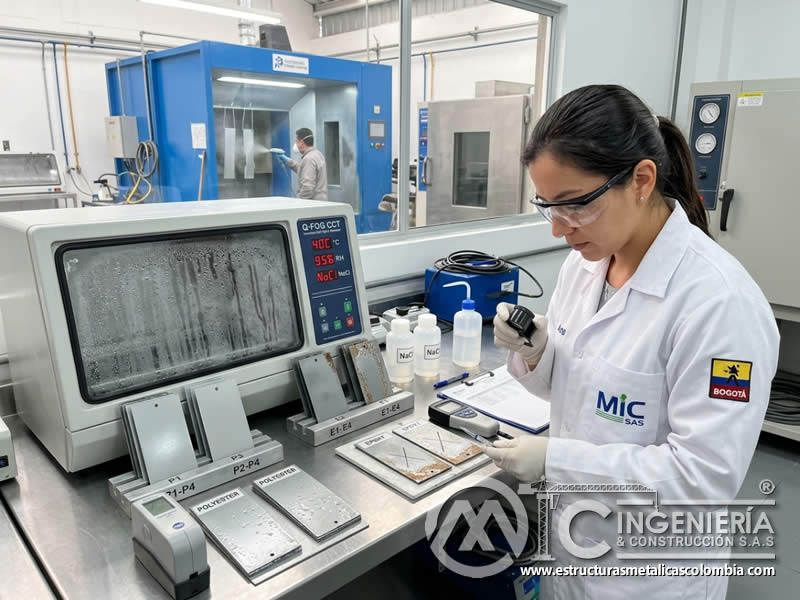 Pintura en polvo comportamiento poliéster epoxi ante humedad salinidad final en Bogotá, Colombia. Montajes, Ingeniería y Construcción. MIC SAS.