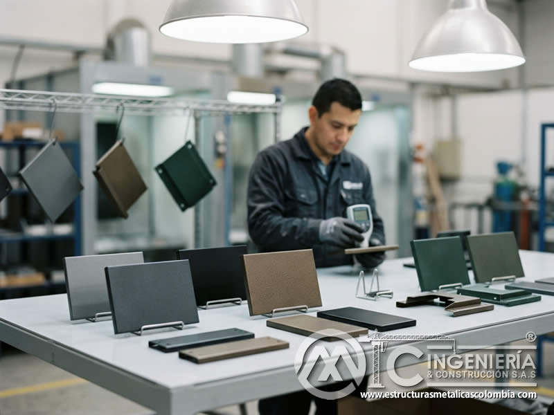 Muestras de metálico con acabado mate uniforme y textura controlada Bogotá en Bogotá, Colombia. Montajes, Ingeniería y Construcción. MIC SAS.