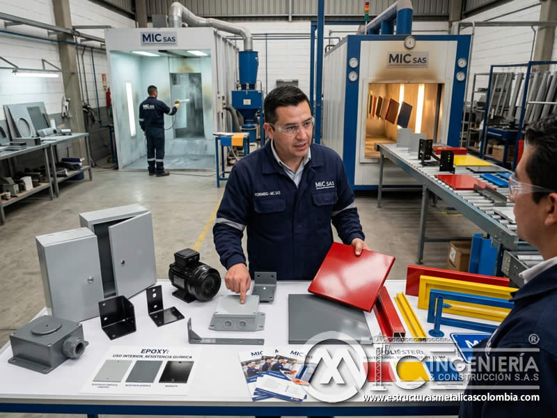 Pintura en polvo aplicaciones industriales epoxi poliéster industrial técnico en Bogotá, Colombia. Montajes, Ingeniería y Construcción. MIC SAS.
