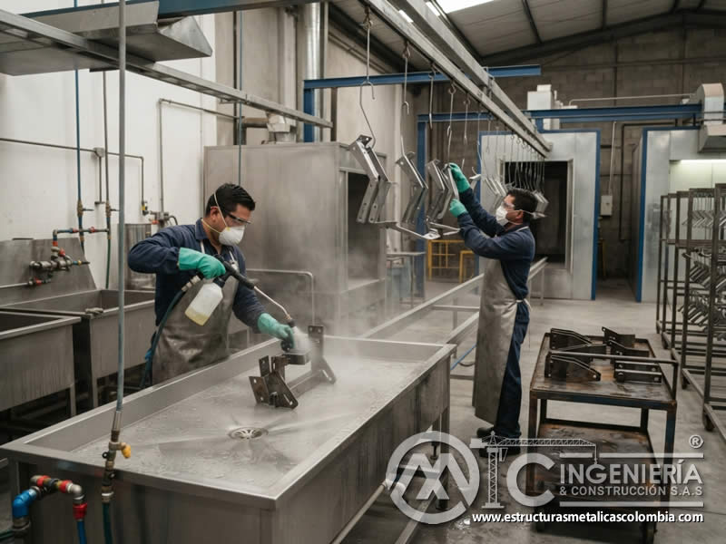 Pretratamiento previo para pintura epoxi poliéster en acero pintura en polvo en Bogotá, Colombia. Montajes, Ingeniería y Construcción. MIC SAS. Pretratamiento previo para pintura epoxi poliéster en acero pintura en polvo en Bogotá, Colombia. Montajes, Ingeniería y Construcción. MIC SAS.