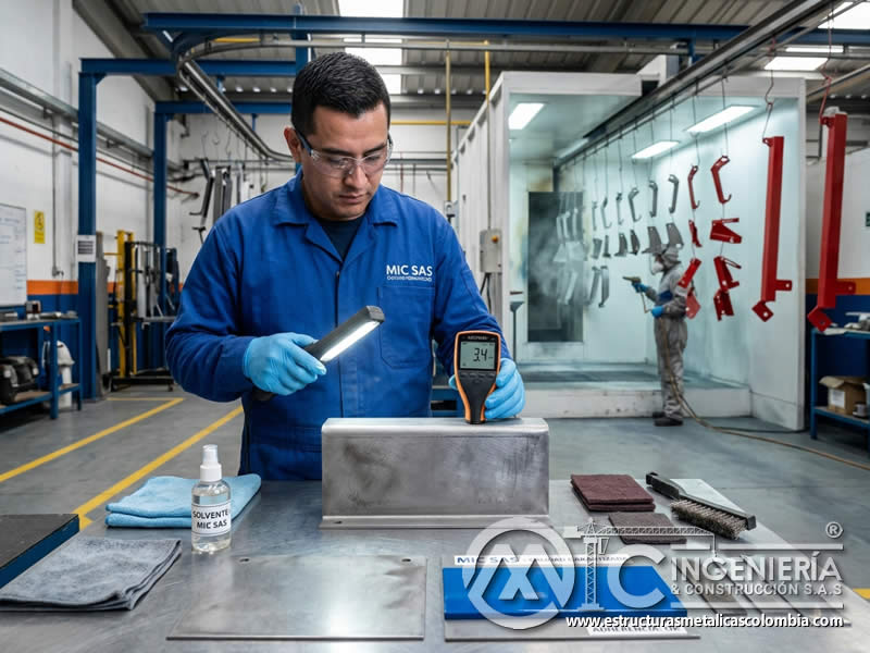 Preparación superficie pintura en polvo adhesion uniformidad final alta total en Bogotá, Colombia. Montajes, Ingeniería y Construcción. MIC SAS. Preparación superficie pintura en polvo adhesion uniformidad final alta total en Bogotá, Colombia. Montajes, Ingeniería y Construcción. MIC SAS.